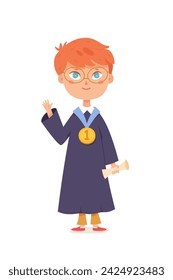 Happy graduate kid with gold medal for first place and diploma roll for study vector illustration. Cartoon isolated smart boy with glasses and academic gown waving hand on celebration of graduation