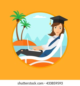 A happy graduate lying in chaise long. Graduate in graduation cap working on laptop. Graduate relaxing on a tropical beach. Vector flat design illustration in the circle isolated on background.