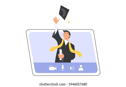 Happy graduate man on pc screen wearing academic gown