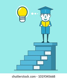 Happy graduate stands on top stairs made of books and reads book. Creativity, career growth through education concept. Simple style vector illustration