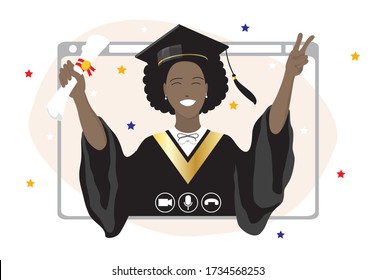 Happy graduate student african american girl in cape hat attending Class of 2020 graduation ceremony celebrating via video call remotely online. Coronavirus quarantine social distancing measure Vector