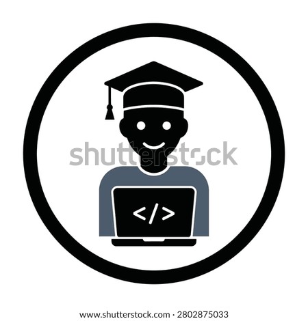 Happy graduate student coding on laptop computer wearing graduation cap smiling