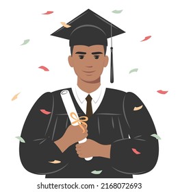 Feliz estudiante graduado con un diploma en gorra y bata de graduación. Hombre que se graduó de los estudios. Ilustración del vector