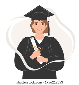Happy graduate student with a diploma, wearing a robe and a square academic cap. A young woman who graduated from her studies. Flat vector illustration on white background. 