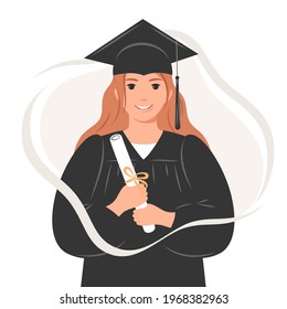 Happy graduate student with a diploma, wearing a robe and a square academic cap. A young woman who graduated from her studies. Flat vector illustration on white background. 