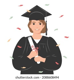 Happy graduate student with a diploma, wearing a robe and a square academic cap. A young woman who graduated from her studies. Flat vector illustration on white background. 