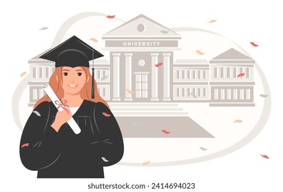 Happy graduate student with a diploma, wearing a robe and a square academic cap the backdrop of the university. Woman who graduated from her studies. Vector illustration. 