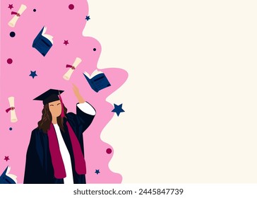 Happy graduate student with graduating caps and diploma or certificates. Graduation event. Vector illustration