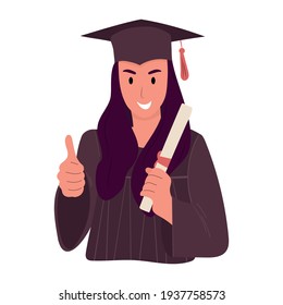 Happy Graduate Student In A Graduation Cap And Dressing Gown Stands With Her Diploma. Flat Vector Illustration