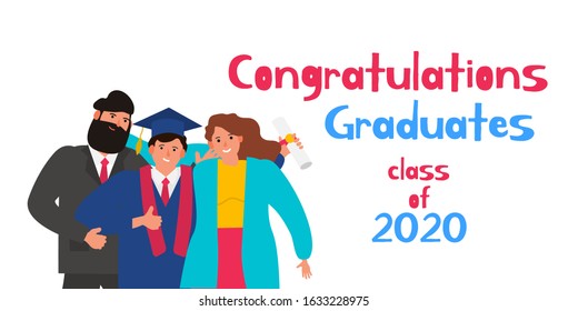 happy graduate student with his parents  vector illustration