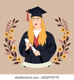 Happy graduate student holding diploma. Celebrating academic achievements. Vector illustration of graduation wreath with space for text.