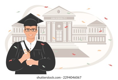 Happy graduate student man with a diploma, wearing a robe and a square academic cap the backdrop of the university. Vector illustration. 