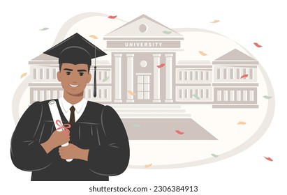 Happy graduate student man with a diploma, wearing a robe and a square academic cap the backdrop of the university. Vector illustration. 