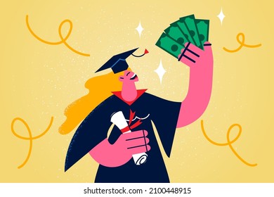 Happy Graduate Student In Mantle And Certificate Get Scholarship. Smiling Girl In Robe At College Graduation Hold Money Receive Financial Award Or Grant. Education And Knowledge. Vector Illustration. 