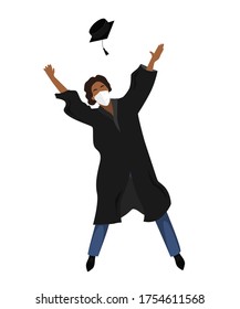 Happy graduate student in medical mask and graduation clothing jumping and throwing the mortarboard high into the air. Flat vector illustration pattern isolated on white.