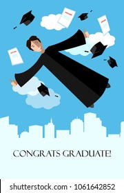 Happy graduate student in the sky above the city. Flying graduate student in academic clothing. Education, high school or university card.