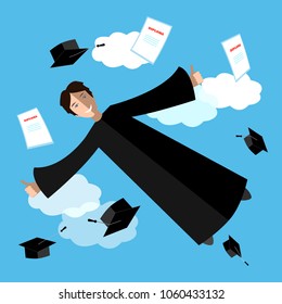 Happy graduate student in the sky. Flying graduate student in academic clothing. Education, high school or university background.