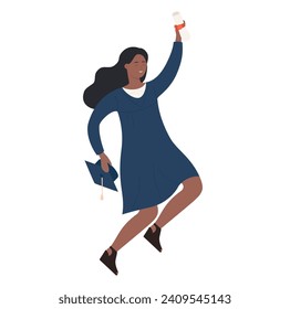 Happy graduate student vector illustration. Cartoon flat young african american black female jumping with cap, certificate or diploma in hands celebrating graduation education background