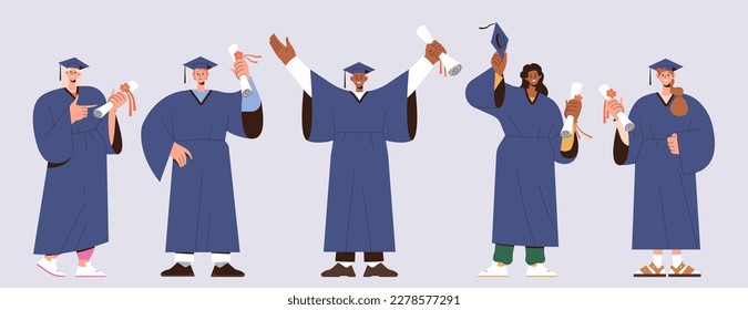 Happy graduate student wearing gown and cap holding degree diploma certificate standing in row celebrating successful finish of education. Diverse young male and female bachelor vector illustration