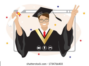 Happy graduate student, young man in cape, hat attending Class of 2020 graduation ceremony celebrating via video call remotely online. Quarantine social distancing measure to stop coronavirus Vector
