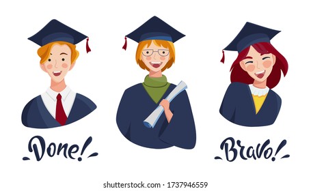 Happy graduate students in academic dresses and graduation caps. Boys and girls celebrating university graduation. Graduate vector concept. Education. Young successful student. Congratulation banner