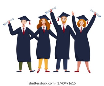 Happy graduate students in academic dresses and graduation caps with diplomas. Boys and girls celebrating university graduation. Graduate vector concept. Young successful student Congratulation banner