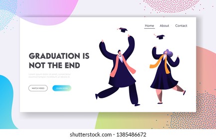 Happy Graduate Students Celebrate Diploma Certificate and End of Education in University. Man and Woman Throw Academical Cap Up Website Landing Page, Web Page. Cartoon Flat Vector Illustration, Banner