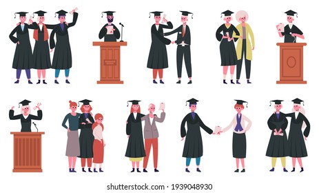 Happy graduate students. College graduates at diploma certificate ceremony, on tribune, celebrating with friends and families vector illustration set