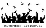 Happy graduate students with graduating caps and diploma or certificates, silhouette of group of people. Graduation event. Vector illustration