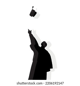 Happy graduate students with graduating caps and diploma or certificates, silhouette men . Graduation event. Vector illustration