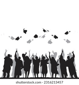 Happy graduate students with graduating caps and diploma or certificates, silhouette of group of people. Graduation event. Vector illustration