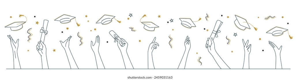 Happy graduate students hands throwing graduation caps. Hands holding diploma graduation. Silhouette high achievements. Graduation event. Horizontal flat design modern vector illustration concept