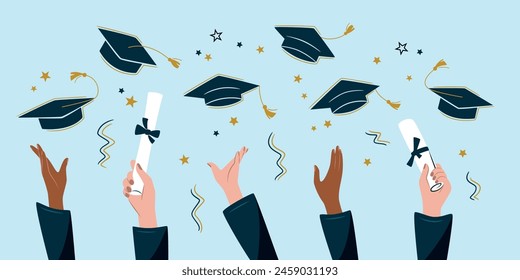 Happy graduate students hands throwing graduation caps. Hands holding diploma graduation. Silhouette high achievements. Graduation event. Flat design modern vector illustration concept.