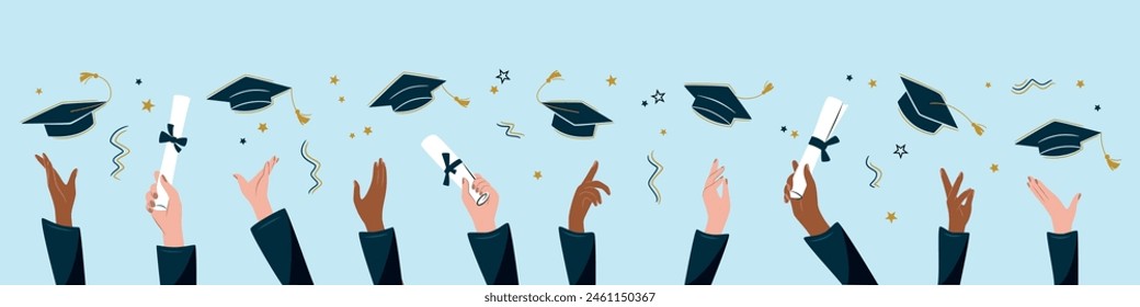 Happy graduate students hands throwing graduation caps. Hands holding diploma graduation. Silhouette high achievements. Graduation event. Horizontal flat design modern vector illustration concept.