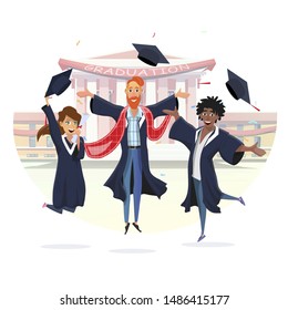 Happy Graduate Students Rejoicing New Opportunities after University Graduation. Cheerful Caucasian Girl and Boy, Afro-American Guy in Gowns Throwing Hats. Cartoon Vector Flat Illustration