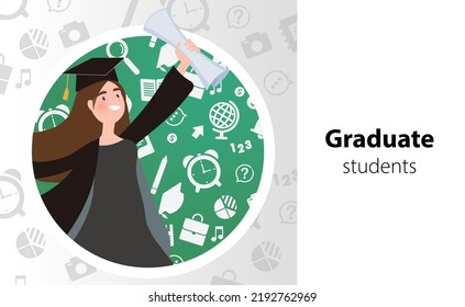 Happy graduate students with school background vector illustration