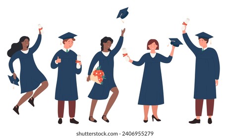 Happy graduate students vector illustration. Cartoon flat young people of different nations jumping with cap, certificate or diploma in hands, characters celebrating graduation education background