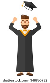 Happy graduate throwing up his hat vector flat design illustration isolated on white background. Vertical layout.