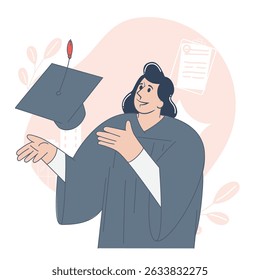 Happy Graduate Tossing Cap in the Air Flat Cartoon Illustration