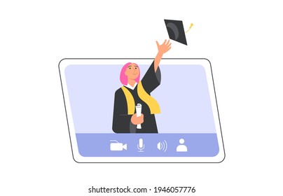 Happy graduate woman on pc screen wearing academic gown