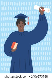 Happy graduated african student with diploma in graduation gown. Vector illustration.
