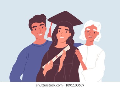 Happy graduated female student in graduation cap and robe standing together with mom and dad. Parents proud of their daughter's academic degree and achievements. Flat vector illustration