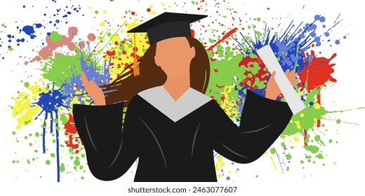 Chica graduada feliz en manto y gorra de graduación con diploma en fondo de salpicaduras de arco iris. Ilustración vectorial