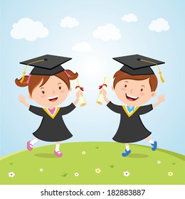 Happy graduated kids. Little children jumping for joy to celebrate their kindergarten graduation day.