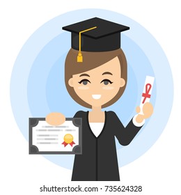 Happy graduated student in black hat and coat with diploma.