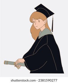 Happy graduated student  in mortar board and bachelor gown, square academic cap, holding diploma degree. Hand drawn flat cartoon character vector illustration.