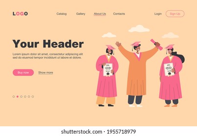 Happy graduated student standing and holding diplomas isolated flat vector illustration. Smiling guys and girls wearing academic gowns and graduation caps. College and university education concept