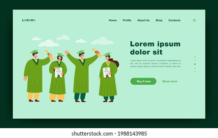 Happy graduated student standing and holding diplomas isolated flat vector illustration. Smiling guys and girls wearing academic gowns and graduation caps. College and university education concept