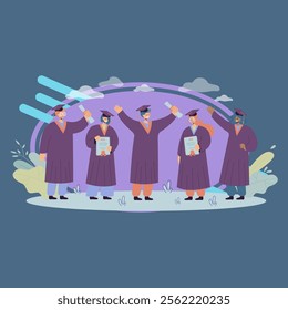 Happy graduated student standing and holding diplomas isolated flat vector illustration. Smiling guys and girls wearing academic gowns and graduation caps. College and university education concept