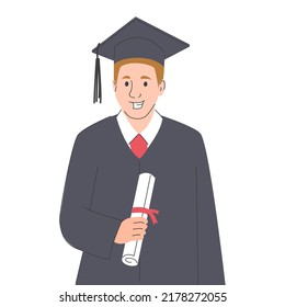 Happy graduierte Studentenvektor einzeln. Lächelnder Junggeselle. Männlicher Charakter mit Diplom. Erfolg in der Bildung.